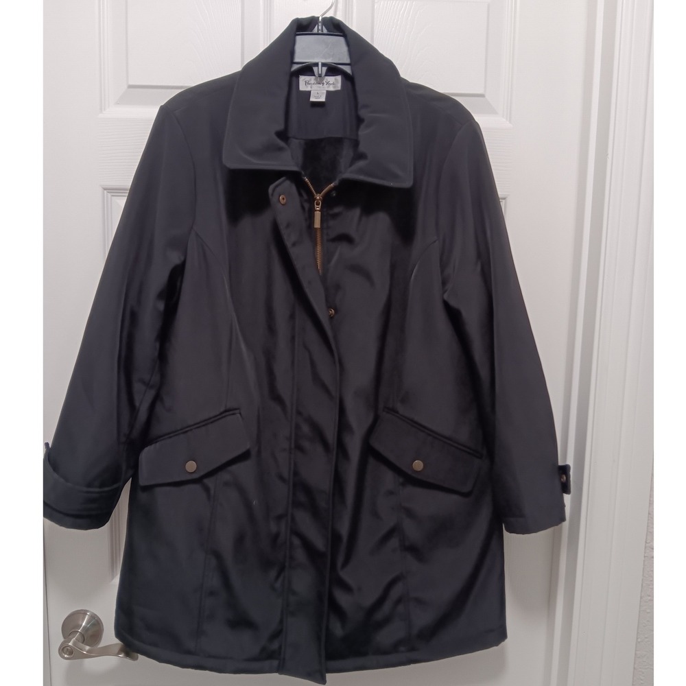 Preston & York Womens Size L Black Zip Snap Front Mid Length Utility Jacket Coat